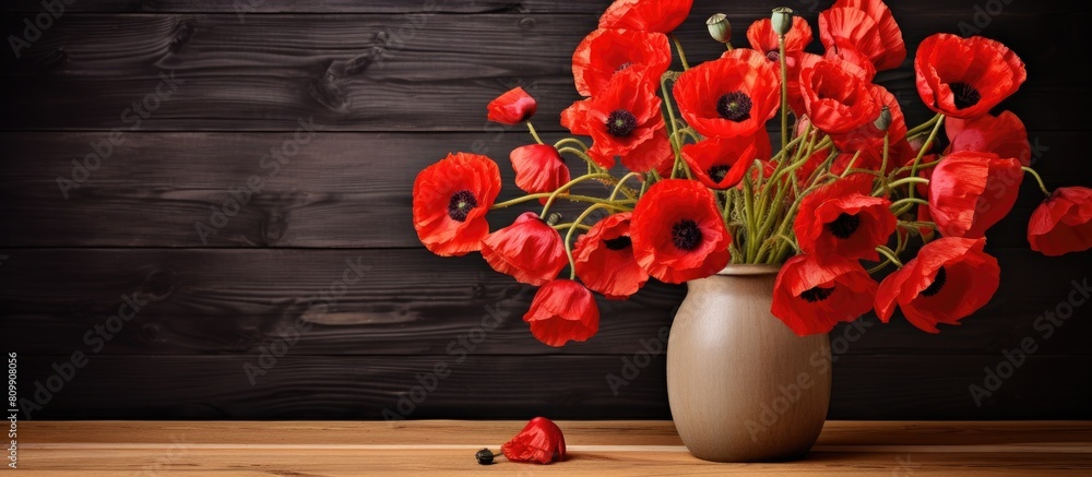Aufkleber a copy space image featuring a bouquet of vibrant red poppies displayed in a rustic vase resting on 