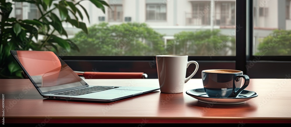Aufkleber A workplace featuring a desk with a digital tablet and a coffee cup providing a copy space image
