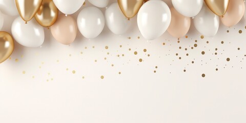 Golden and white balloons with confetti on white background