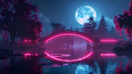 A neon-lit bridge over a lake with a full moon's reflection, both creating a mesmerizing visual symmetry.