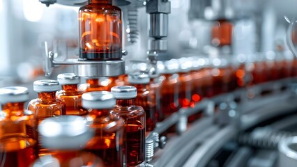 Pharmaceutical factory producing medical vials and glass bottles on production line. Concept Pharmaceutical industry, Production line, Medical vials, Glass bottles, Manufacturing process