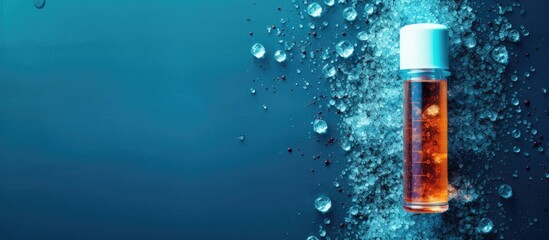 Top view of a test tube with a plug cap containing Copper II sulfate and Zinc Powder alongside cosmetic chemicals ingredients on a laboratory table providing copy space image