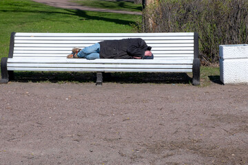 Homeless man sleeping on a park bench - obrazy, fototapety, plakaty