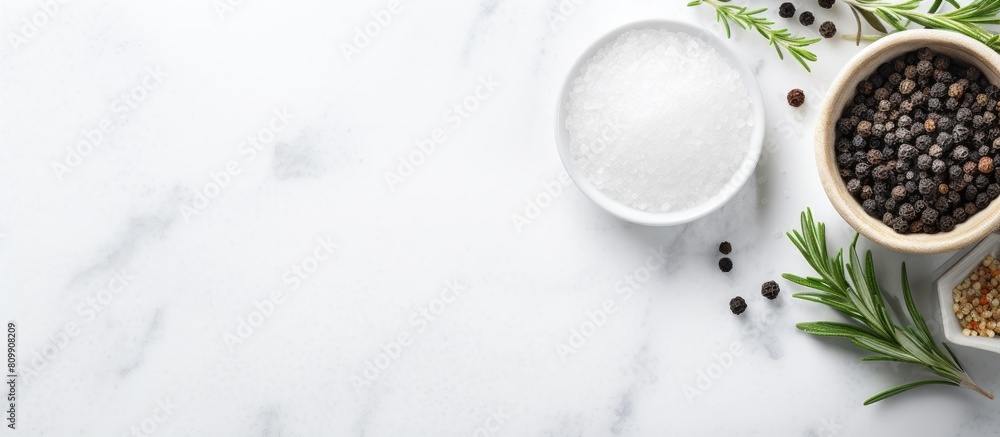 Aufkleber a bowl of salt thyme and peppercorns placed on a white marble table ideal for a flat lay composition