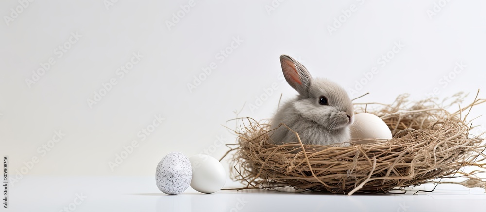 Poster An Easter themed image featuring a toy rabbit a festive egg and a nest set against a serene white and gray backdrop Perfect for decorating a copy space image during the Easter season
