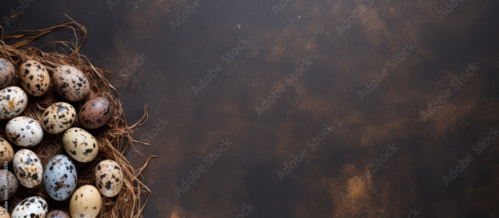 Aufkleber A top down view of quail eggs both intact and cracked placed on a rustic brown stone table The image includes a shadow and empty space for additional content Perfect for a banner or flat lay presenta