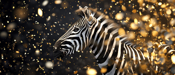 Zebra skin texture with golden confetti. Wild Animal print. Black and white stripes.Trendy abstract background. Generative ai
