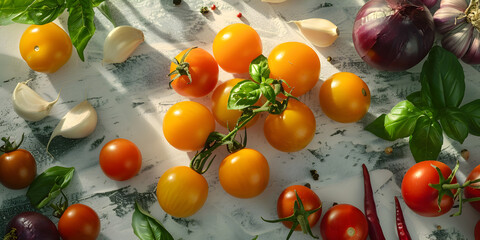 Ripe Cherry Tomatoes on a Rustic Wooden Table, Vibrant Bunch of Cherry Tomatoes  - obrazy, fototapety, plakaty