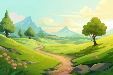 Idyllic summer scene with a path through rolling hills, vibrant greenery, and distant mountains