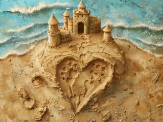 sandcastle on the beach with a heart-shaped moat.