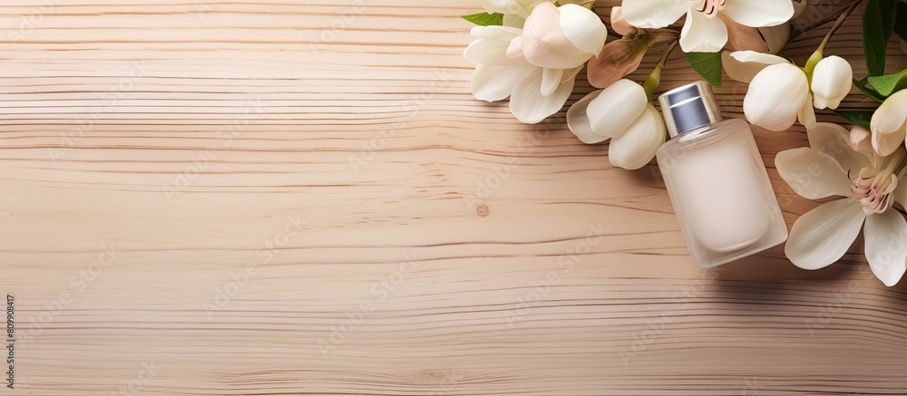 Poster on a light wooden backdrop there is a copy space image featuring face cosmetics nail polish and whit