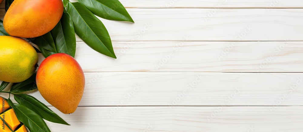 Poster a vibrant tropical fruit design concept featuring a ripe mango chopped and adorned with green leaves