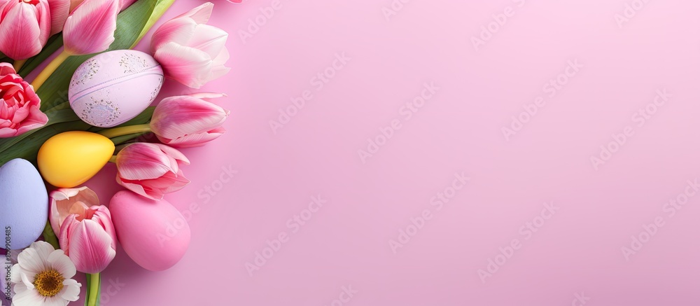 Poster a beautiful easter themed image of colorfully decorated eggs adorned with vibrant tulips set against