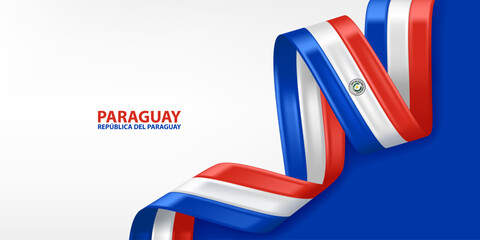 Fototapeta premium Paraguay 3D ribbon flag. Bent waving 3D flag in colors of the Paraguay national flag. National flag background design.