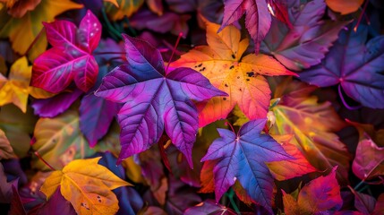 Colorful autumn leaves background. The image shows a close-up of a variety of fallen leaves in the fall season.