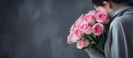 A close up image of a girl holding pink roses with a grey background ideal for copy space - Powered by Adobe