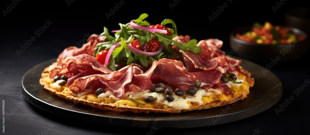 Poster a spanish tostada featuring delicious jamon iberico served on a plate with a copy space image