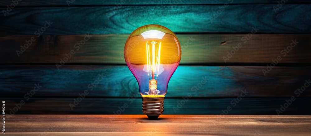 Poster a vintage colored light bulb glows on a wooden plank in a silhouette background with a bottom view p