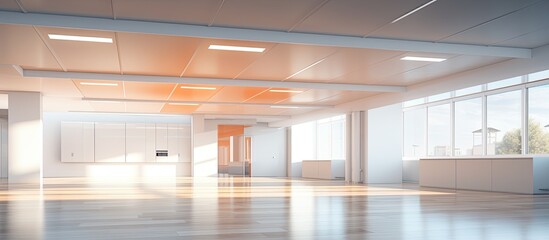 The office features an abstract empty interior with a white ceiling that reflects light well creating the ideal lighting conditions for work The space also provides ample room for creativity with its