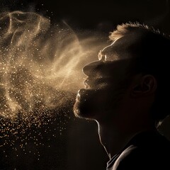 Dust flies in air backlit by light, allergy to dust, tired athlete portrait, man surrounded by dust