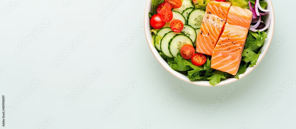 Aufkleber a top view of a ketogenic keto or paleo diet lunch bowl featuring a salted salmon salad with fresh g