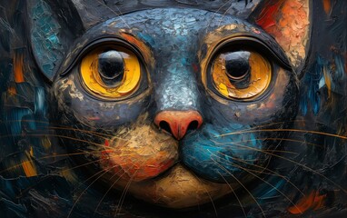 Home decor, cat with big amber eyes. oil painting. close-up
