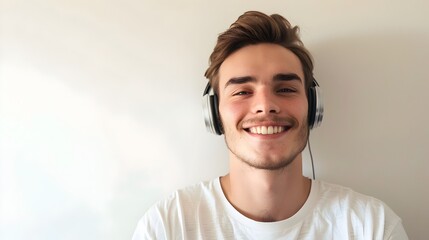 Handsome Young Man Relaxing at Home with Headphones Cheerful Smile and Positive Vibes
