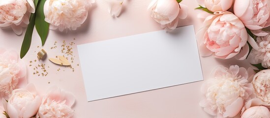 An elegant mockup of blank wedding cards featuring beautifully arranged peony flowers on a designer office desk flatlay perfect for holiday designs Ample copy space image available 175 characters
