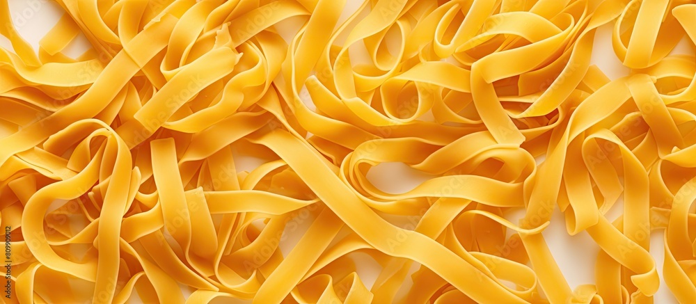 Poster Top view of a close up image showing a heap of raw pasta as an isolated copy space image on a white background representing Italian food or cuisine