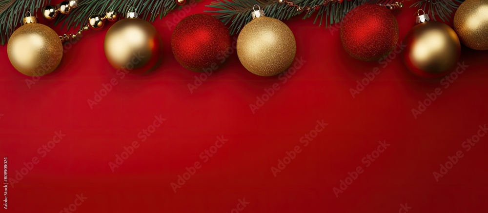 Poster simple composition of golden fir branches and christmas toys against a red background perfect for ch