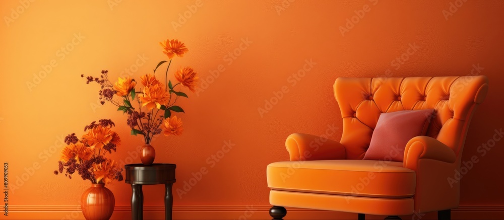 Poster an elegant armchair and table adorned with floral accents stand by a vibrant orange wall in this vis