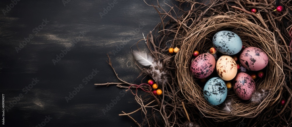 Poster A visually appealing holiday greeting card with a creative flat lay top view featuring chicken nests adorned with painted Easter eggs The dark tabletop provides an ideal copy space for text