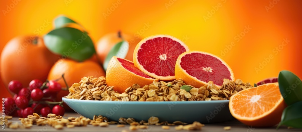 Poster a portion of organic granola is displayed with vibrant red oranges in the copy space image