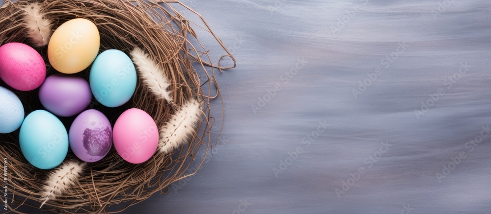 Poster A trendy minimalist Easter themed flatlay with a top down perspective The image showcases colorful eggs and a nest portraying the essence of the spring season Ample copy space is available for adding
