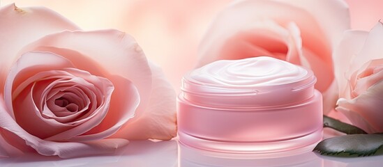 A beauty concept featuring a natural rose cosmetic product. Creative banner. Copyspace image