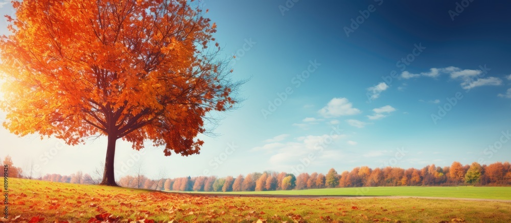 Poster autumn park scenery with vibrant leaves against a backdrop of the sky perfect for a copy space image