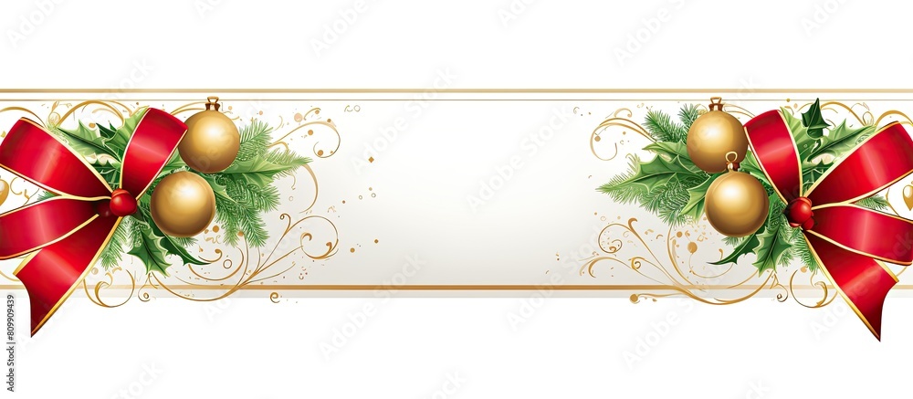 Poster Festive holiday greeting card featuring a Christmas ornament and decorative elements framing a copy space image The design is perfect for invitations with text and includes a red and green satin ribb