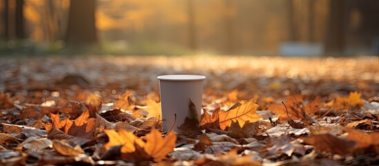 Autumn leaves surround a discarded coffee cup on the ground creating a picturesque scene with plenty of empty space for additional content