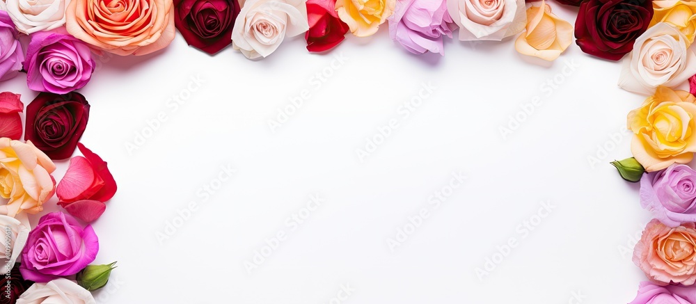 Poster a stunning background of colorful roses surrounds a frame leaving a blank space for an image. creati