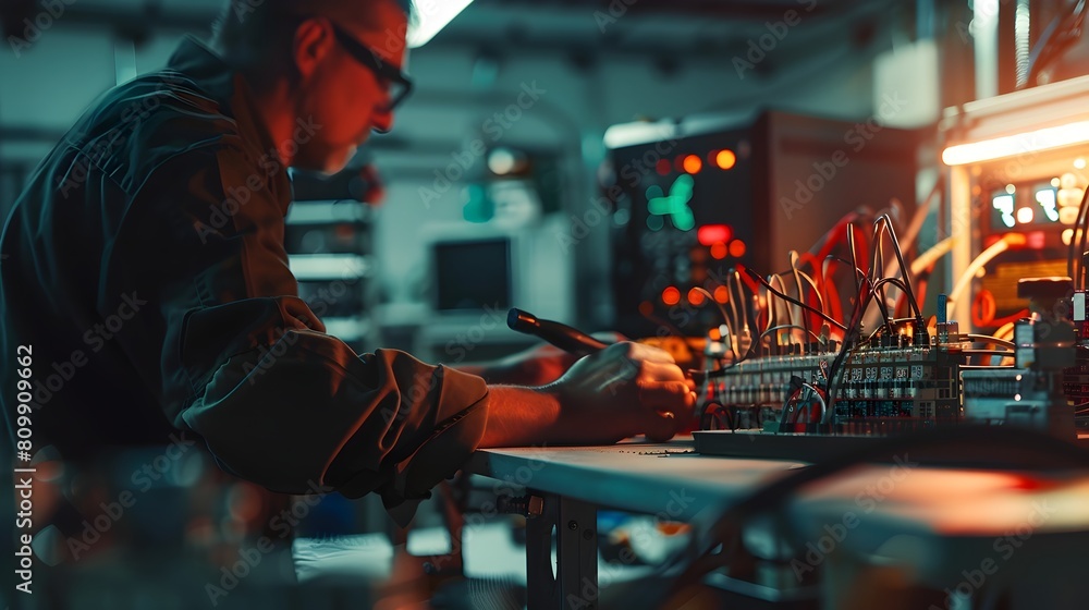 Poster skilled electrician resolving electrical circuit failure in dynamic workshop environment