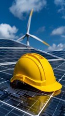 Yellow safety helmet on solar panels against the background of wind generators, green energy