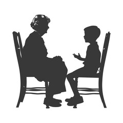 Silhouette elderly women and little boy were sitting while talking black color only