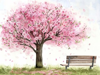watercolor painting of a cherry blossom tree in full bloom. A bench sits under the tree.