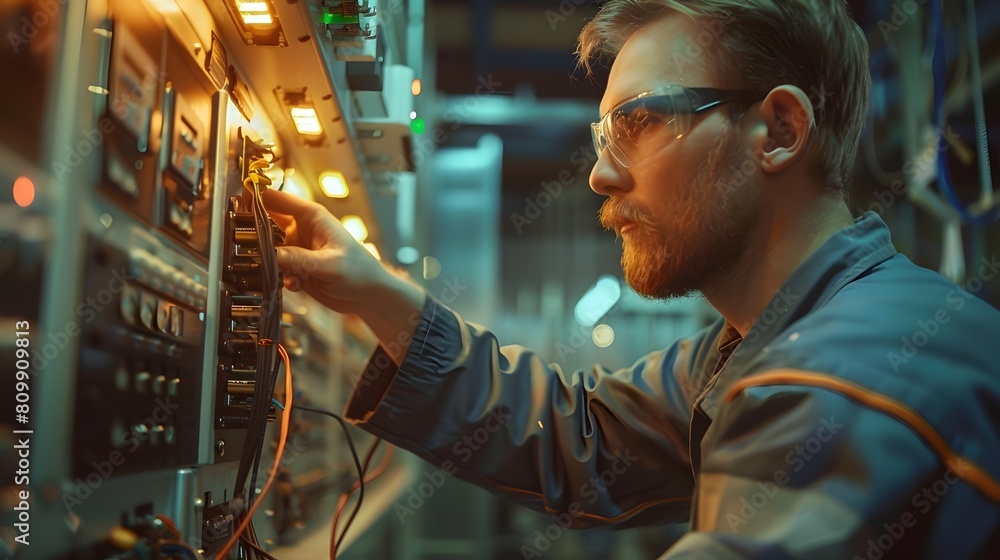 Poster electrical engineer inspecting intricate fuse box with atmospheric lighting