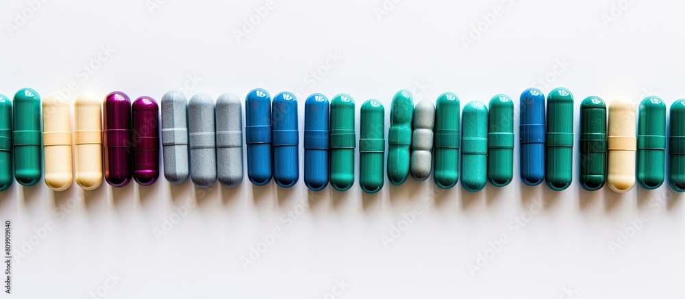 Poster a colorful assortment of medicine capsules in shades of blue and green displayed against a white bac