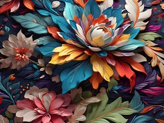 high quality, 8K Ultra HD, vivid colorful, Seamless patterns, fabric art, Art station, stary night many colorful detailed Design combining flower and leaf, splash arts, aesthetic Generative AI