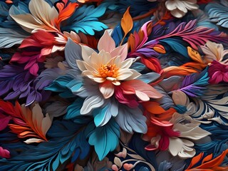 high quality, 8K Ultra HD, vivid colorful, Seamless patterns, fabric art, Art station, stary night many colorful detailed Design combining flower and leaf, splash arts, aesthetic Generative AI