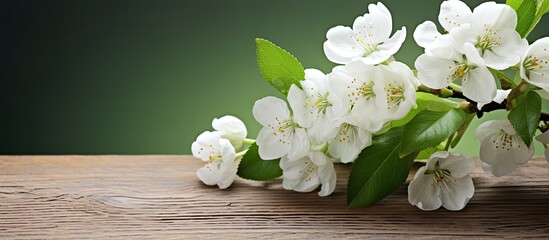 A closeup of an apple tree branch in bloom showcasing its white flowers green leaves and a light wooden background The beautiful cherry blossom adds a decorative border to the spring nature frame per