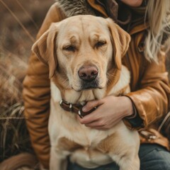 Love a dog, cute yellow labrador retriever with owner outdoors, good pet owner