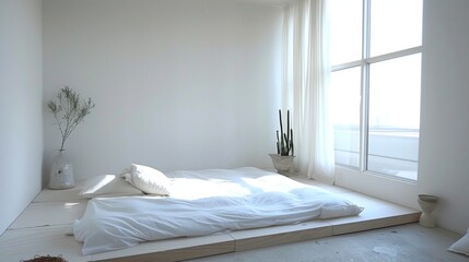 A minimalist bedroom with a platform bed, crisp white bedding, and minimal decor, promoting a serene and clutter-free environment.